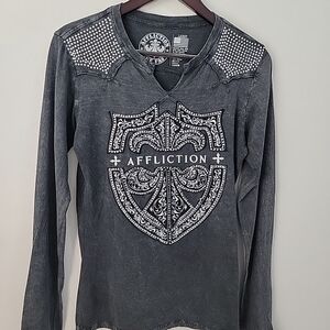 Affliction Gray Rhinestone Embroidered Long Sleeve Women's Size Large EUC